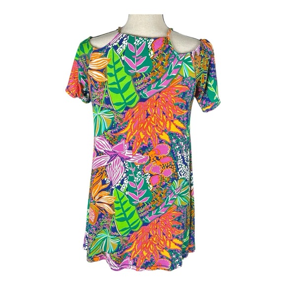 Trina Turk Tropic Escape Print Cold Shoulder Stretch Cover Up Tunic Dress Sz XS - Picture 6 of 15